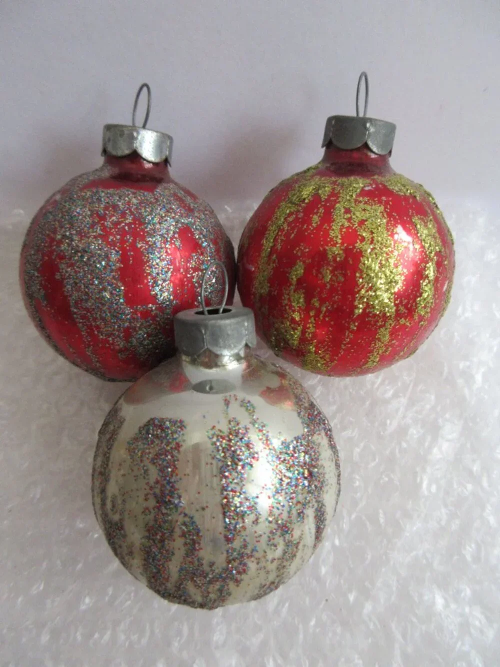 Glass Christmas Ornaments Vintage Made in USA Decorated with Glitter Lot of 4